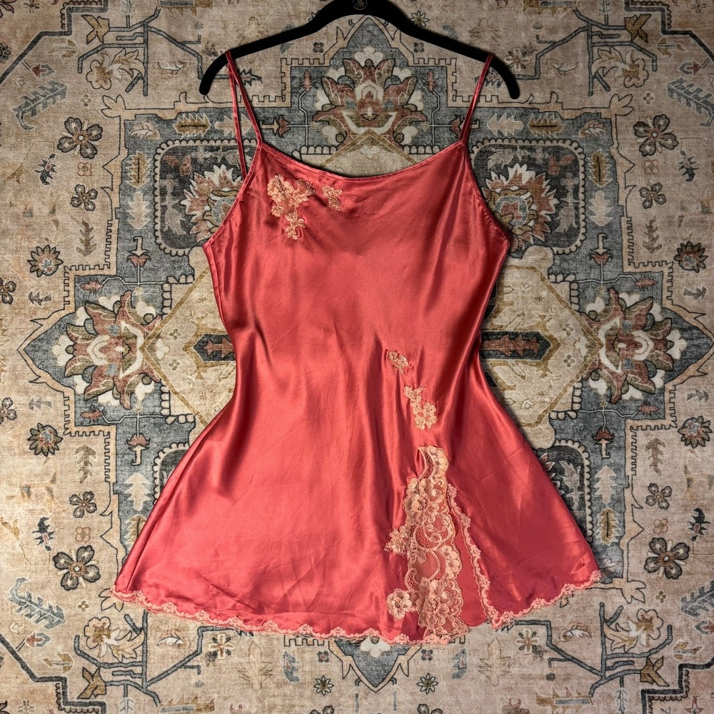 Vintage Victoria Secret Angel Lace Slip Dress Coral Pink Open Back Lingerie Y2K